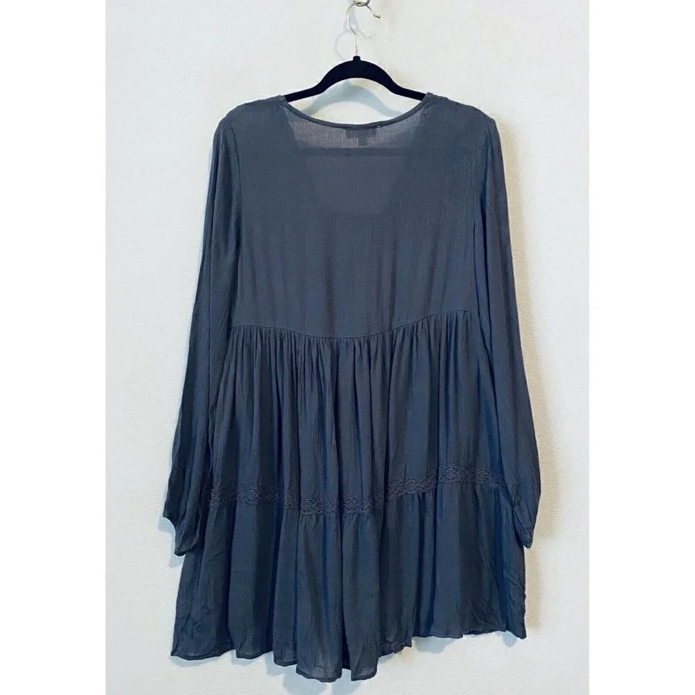 Entro Dress Womens Medium Pleated Crochet Lace Tiered Long Sleeve Purple Boho